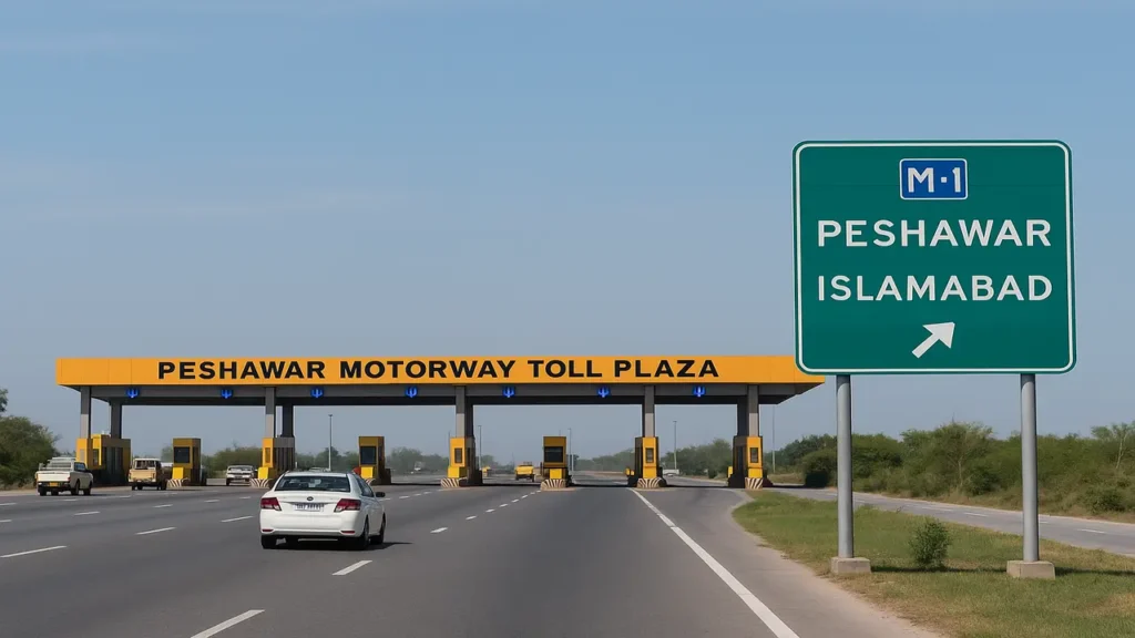 Peshawar Motorway Toll Plaza on M-1 Motorway with toll booths and traffic
