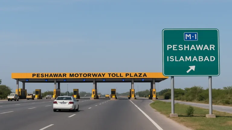 Peshawar Motorway Toll Plaza on M-1 Motorway with toll booths and traffic