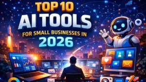 Landscape illustration of top 10 AI tools for small businesses in 2026 with robot assistant, digital screens, and futuristic city background.