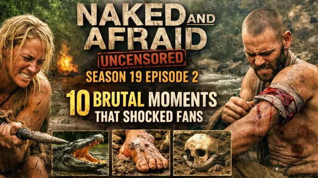 Naked and Afraid Uncensored Season 19 Episode 2 thumbnail with 10 brutal moments text and jungle survival scene.