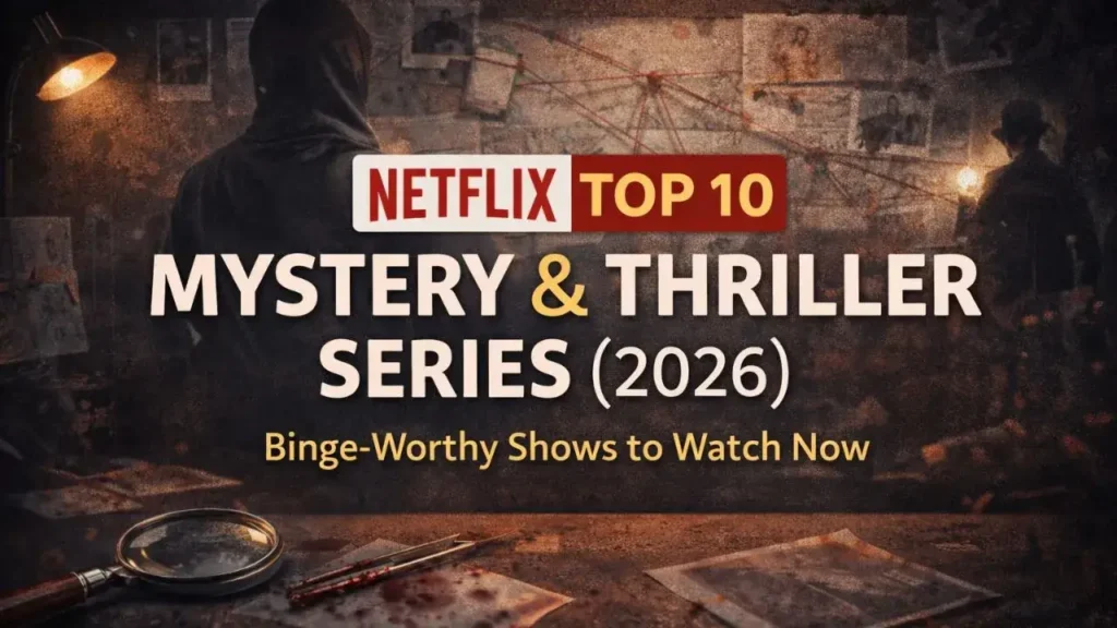 Netflix Top 10 Mystery & Thriller Series (2026) with a dark investigation scene and bold headline text.