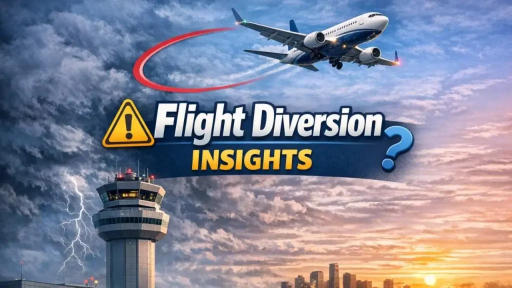 Delta Air Lines Boeing 777 on the tarmac at LAX after emergency diversion, with flashing emergency vehicles, control tower, Theme Building, and 'Flight Diverted' warning sign during sunset.