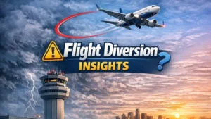 Delta Air Lines Boeing 777 on the tarmac at LAX after emergency diversion, with flashing emergency vehicles, control tower, Theme Building, and 'Flight Diverted' warning sign during sunset.