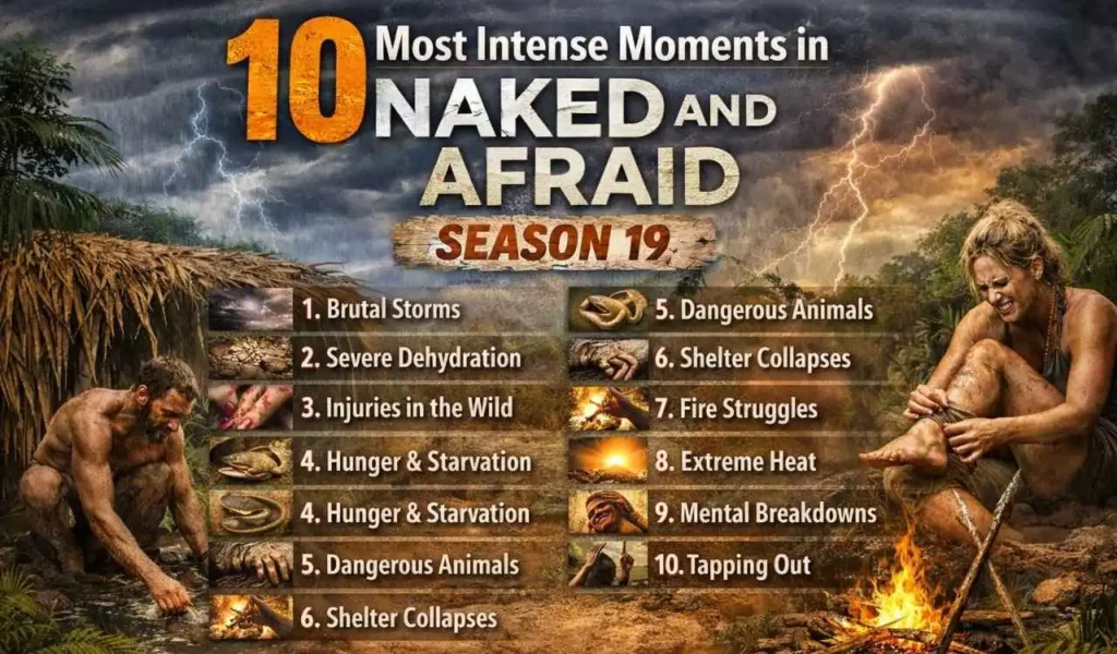 Infographic showing “10 Most Intense Moments in Naked and Afraid Season 19” with stormy jungle background, survival fire, and key challenge list.