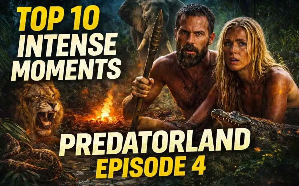 Intense Predatorland Episode 4 thumbnail with survivalists, lion, elephant, crocodile, and snake.