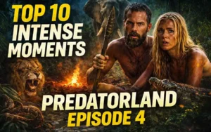 Intense Predatorland Episode 4 thumbnail with survivalists, lion, elephant, crocodile, and snake.