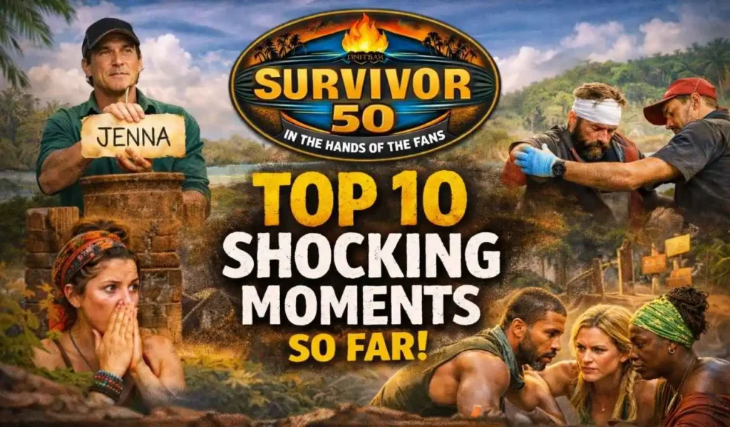 Survivor 50 “Top 10 Shocking Moments So Far” collage with Jeff Probst, a medical evacuation scene, and contestants reacting on a tropical island.