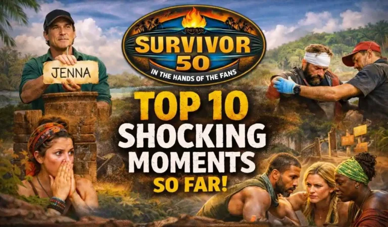 Survivor 50 “Top 10 Shocking Moments So Far” collage with Jeff Probst, a medical evacuation scene, and contestants reacting on a tropical island.