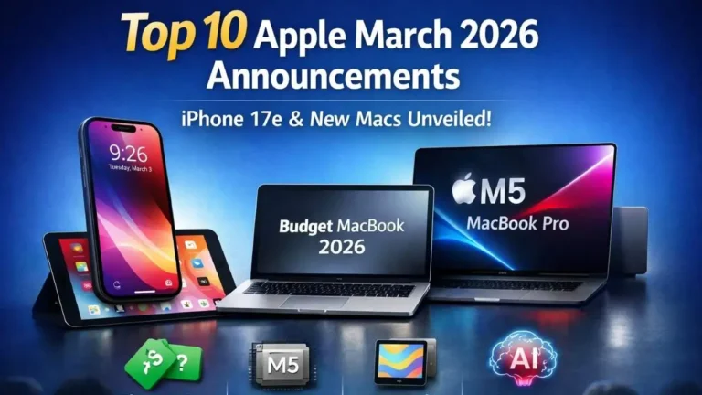 Top 10 Apple March 2026 announcements featuring iPhone 17e and new Macs.