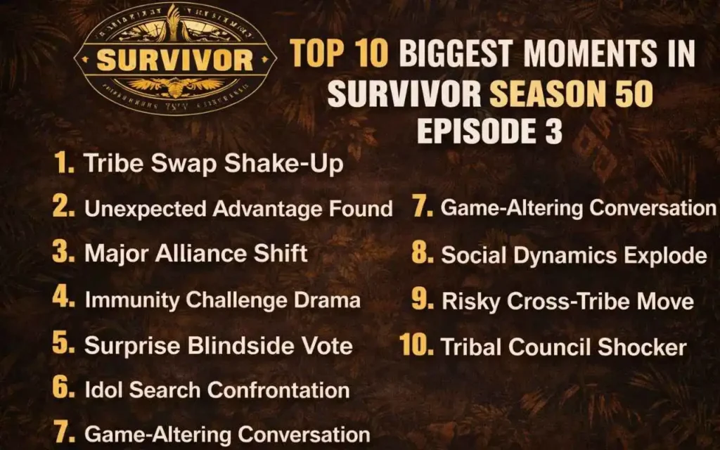 Top 10 biggest moments in Survivor Season 50 Episode 3 listicle graphic with bold title and numbered highlights.