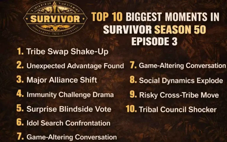 Top 10 biggest moments in Survivor Season 50 Episode 3 listicle graphic with bold title and numbered highlights.