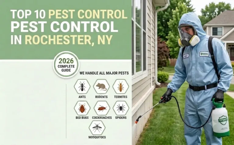 Pest control technician spraying a home exterior in Rochester, NY, with common pest icons and 2026 guide details.