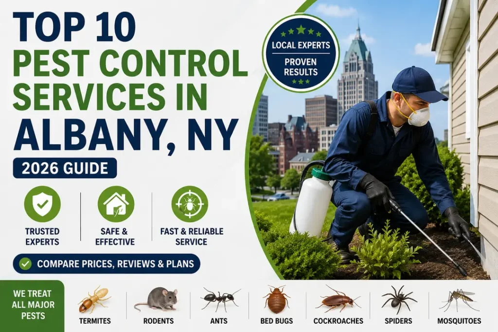 Top 10 Pest Control Services in Albany, NY (2026) comparison guide featuring a pest control technician treating a home.