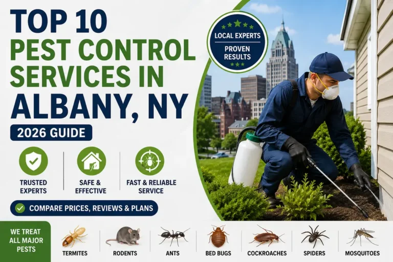 Top 10 Pest Control Services in Albany, NY (2026) comparison guide featuring a pest control technician treating a home.
