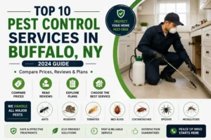 Top 10 Pest Control Services in Buffalo, NY guide featuring a pest control technician, service comparison highlights, and common household pest icons.