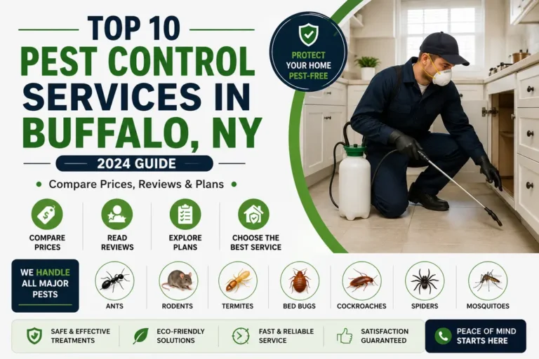 Top 10 Pest Control Services in Buffalo, NY guide featuring a pest control technician, service comparison highlights, and common household pest icons.
