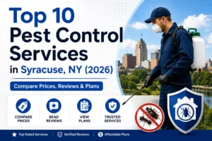 Top 10 Pest Control Services in Syracuse, NY (2026) – Compare Prices, Reviews & Plans infographic featuring a professional pest control technician with sprayer and pest protection icons.