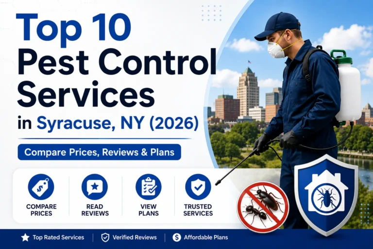 Top 10 Pest Control Services in Syracuse, NY (2026) – Compare Prices, Reviews & Plans infographic featuring a professional pest control technician with sprayer and pest protection icons.