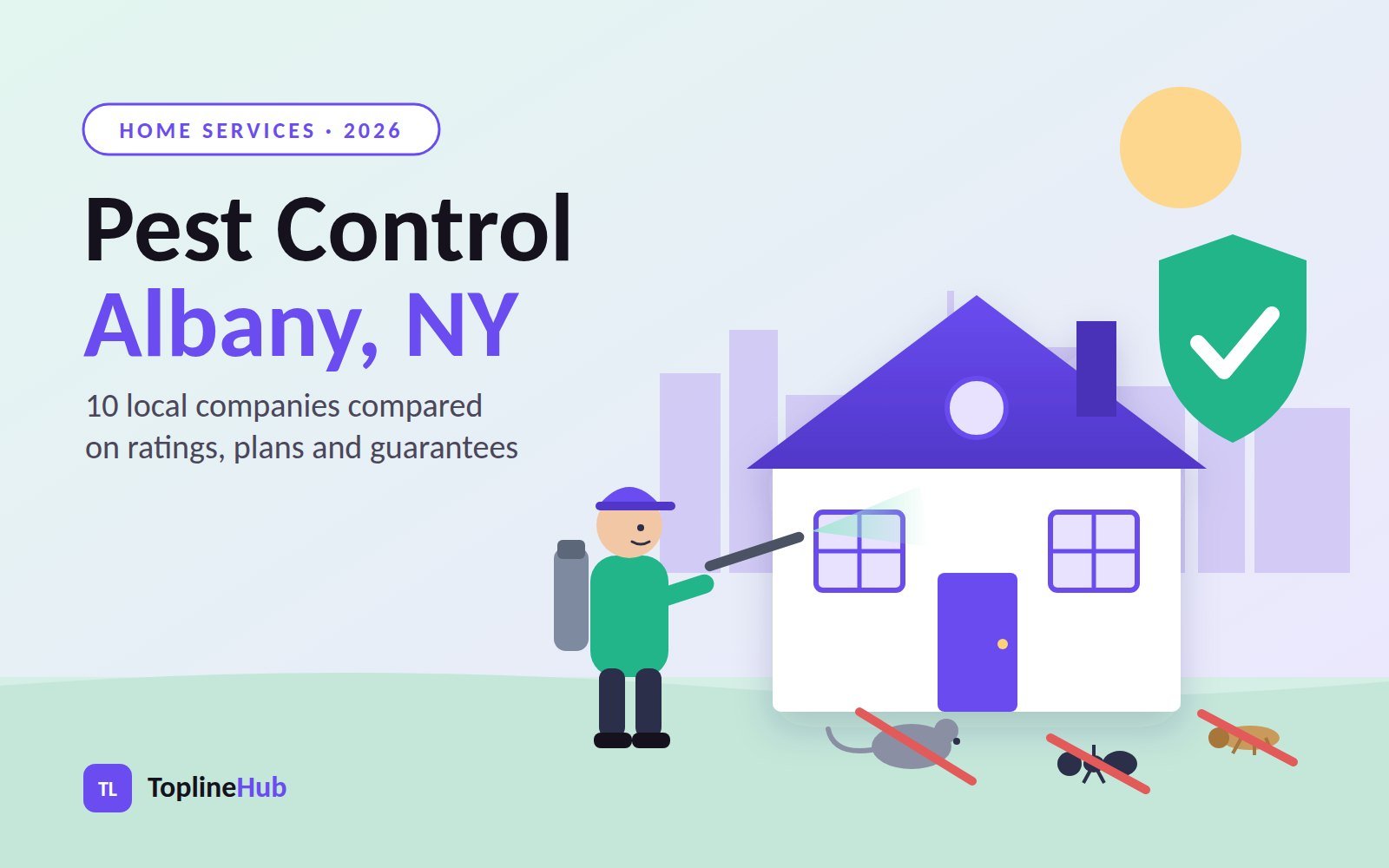 Pest control technician treating a home in Albany, NY, with ants, mice and termites crossed out