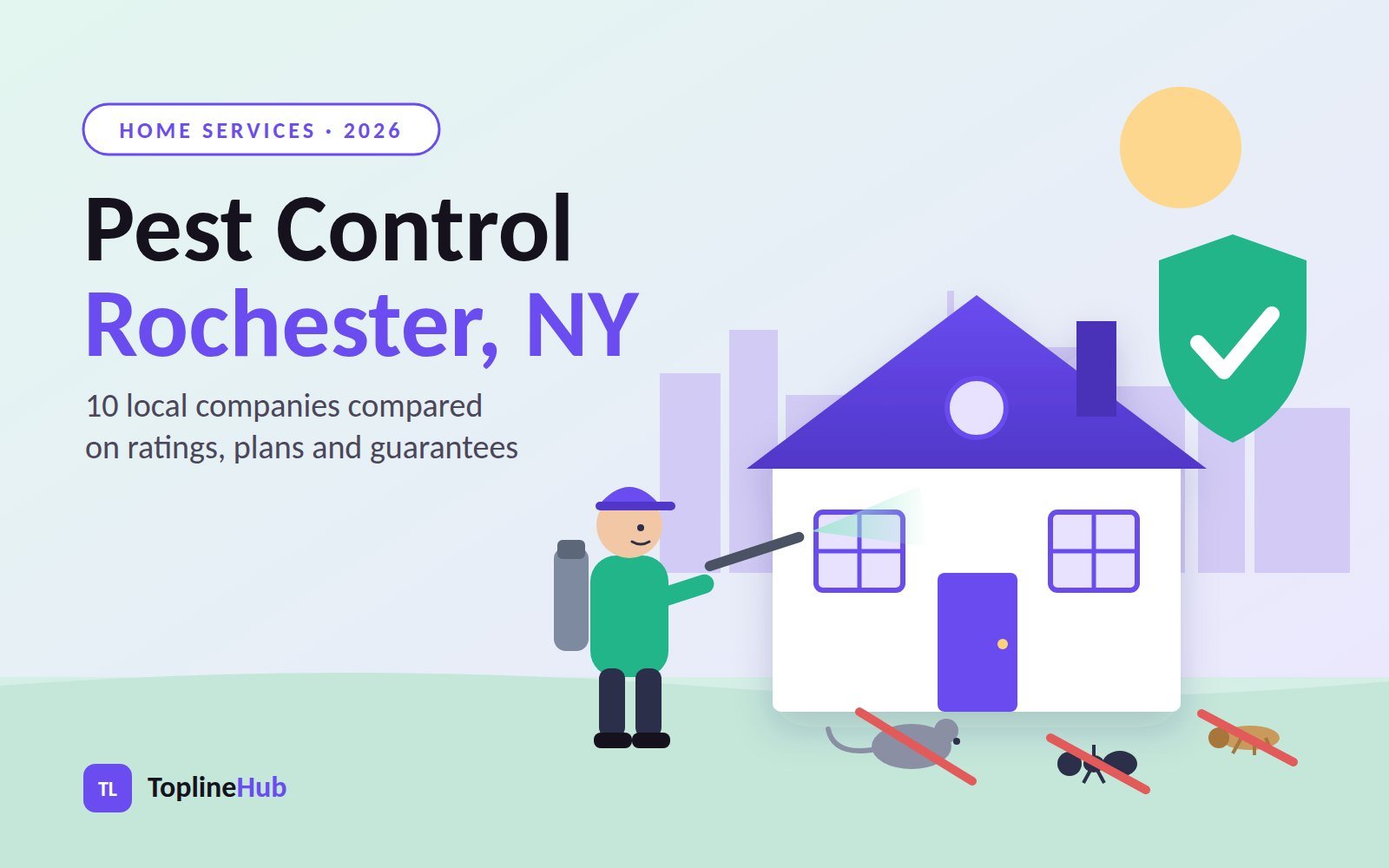 Pest control technician treating a home in Rochester, NY, with ants, mice and termites crossed out