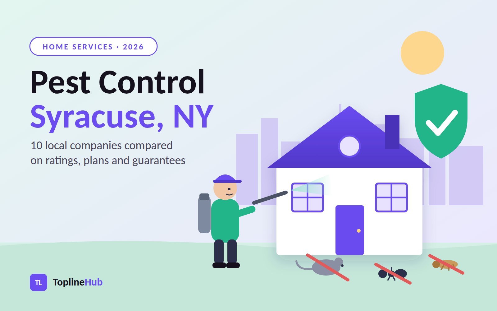 Pest control technician treating a home in Syracuse, NY, with ants, mice and termites crossed out